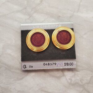 👑 Vintage 1980s 80s Clip On Gold Brown Gold Crest Preppy Academia Earrings 👑